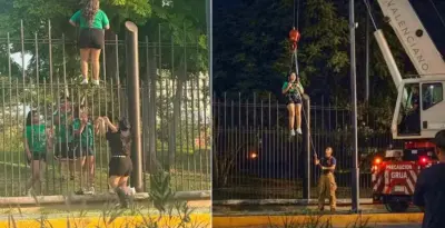 Torcedora tenta invadir festa da Copa, fica presa em grade e guindaste rouba a cena