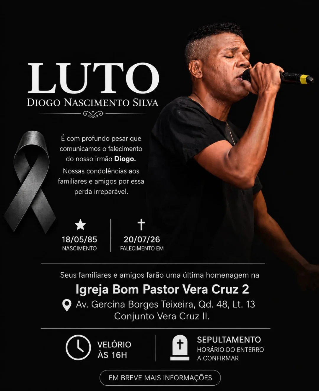 Morre cantor gospel Diogo Nascimento