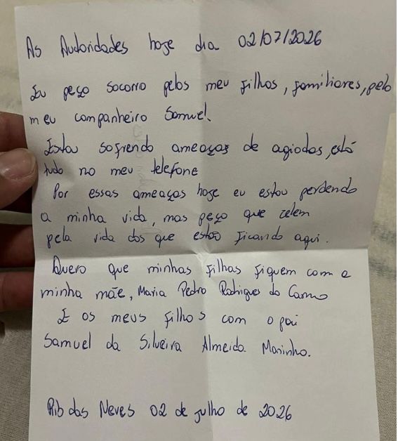 Carta deixada por Dayanne Rodrigues 