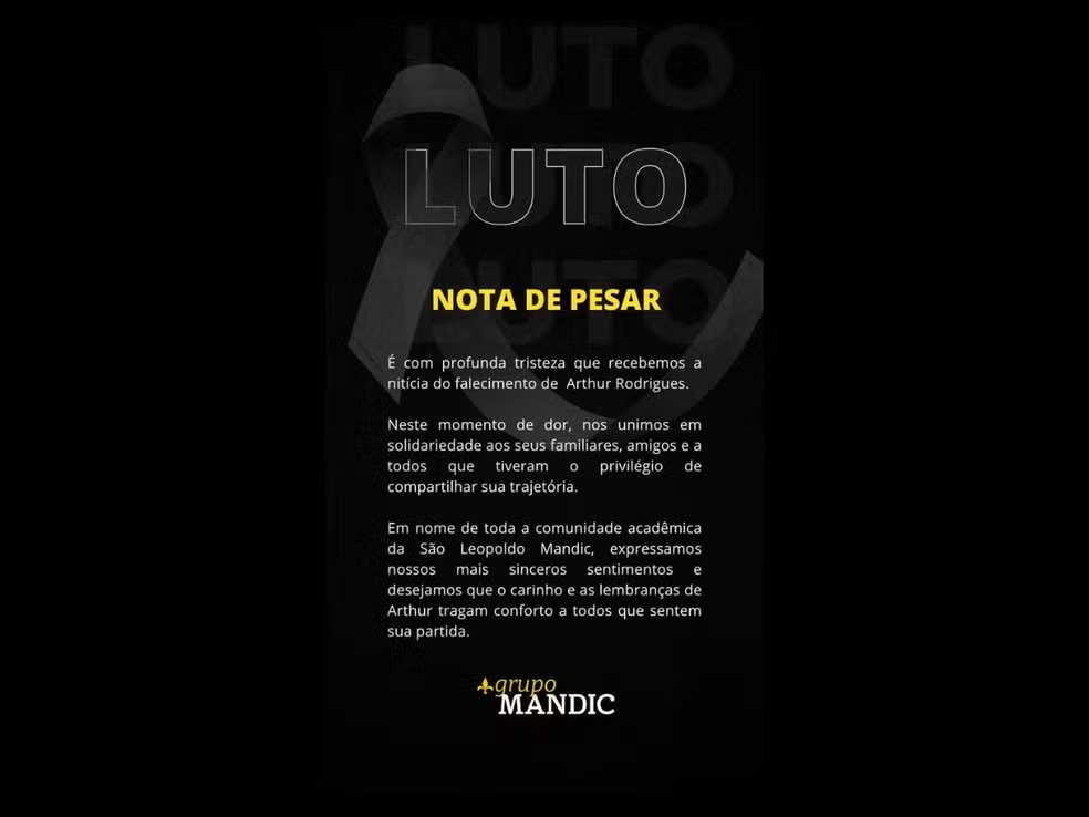 Nota de pesar emitida pela Faculdade São Leopoldo Mandic — Foto: Reprodução/Faculdade São Leopoldo Mandic