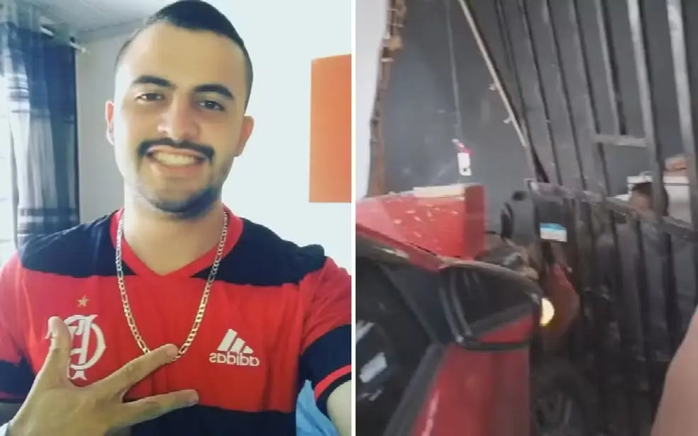 Homem morre após carro invadir distribuidora de bebidas, em Águas Lindas de Goiás — (Foto: Reprodução/TV Anhanguera)