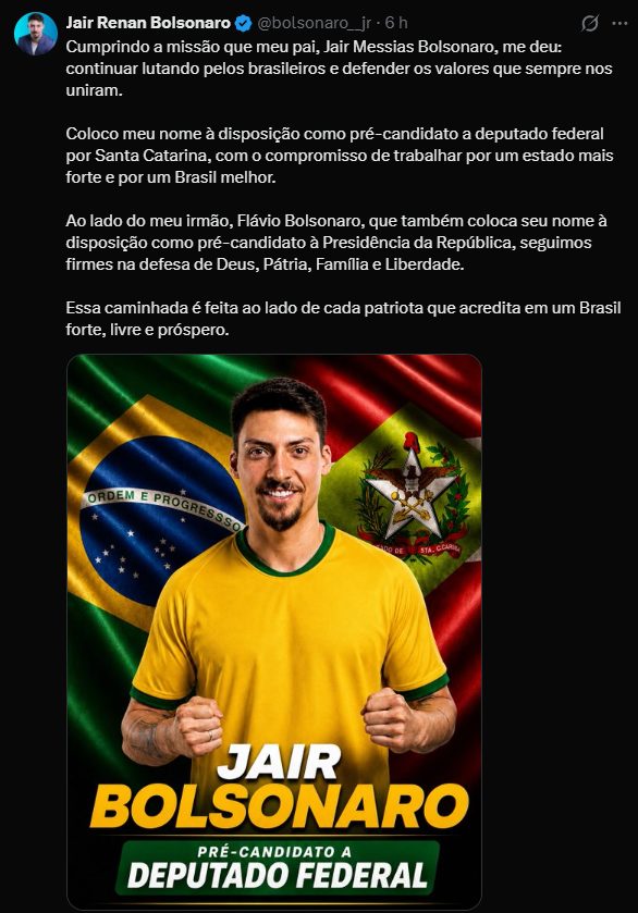 Jair Renan Bolsonaro anuncia pré-candidatura