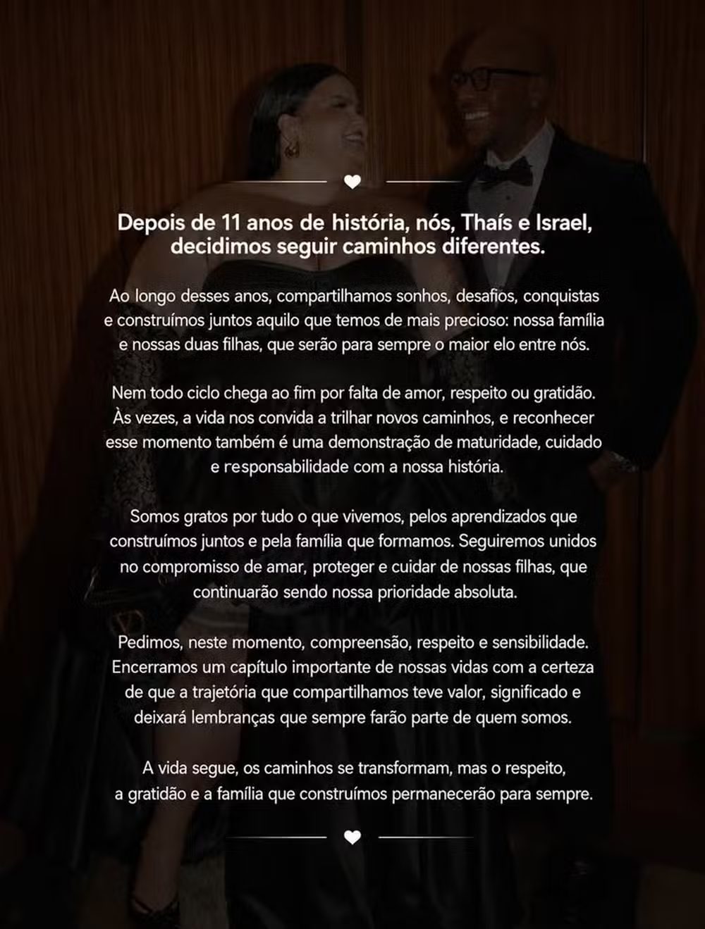 Influenciadora divulgou, em conjunto, uma nota oficial sobre o término